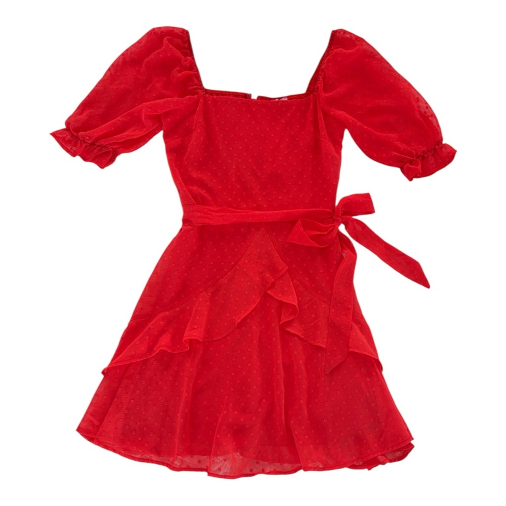 NWT Francesca’s Red Swiss Dot Puff Sleeve Tie Waist Tiered Mini Dress XS